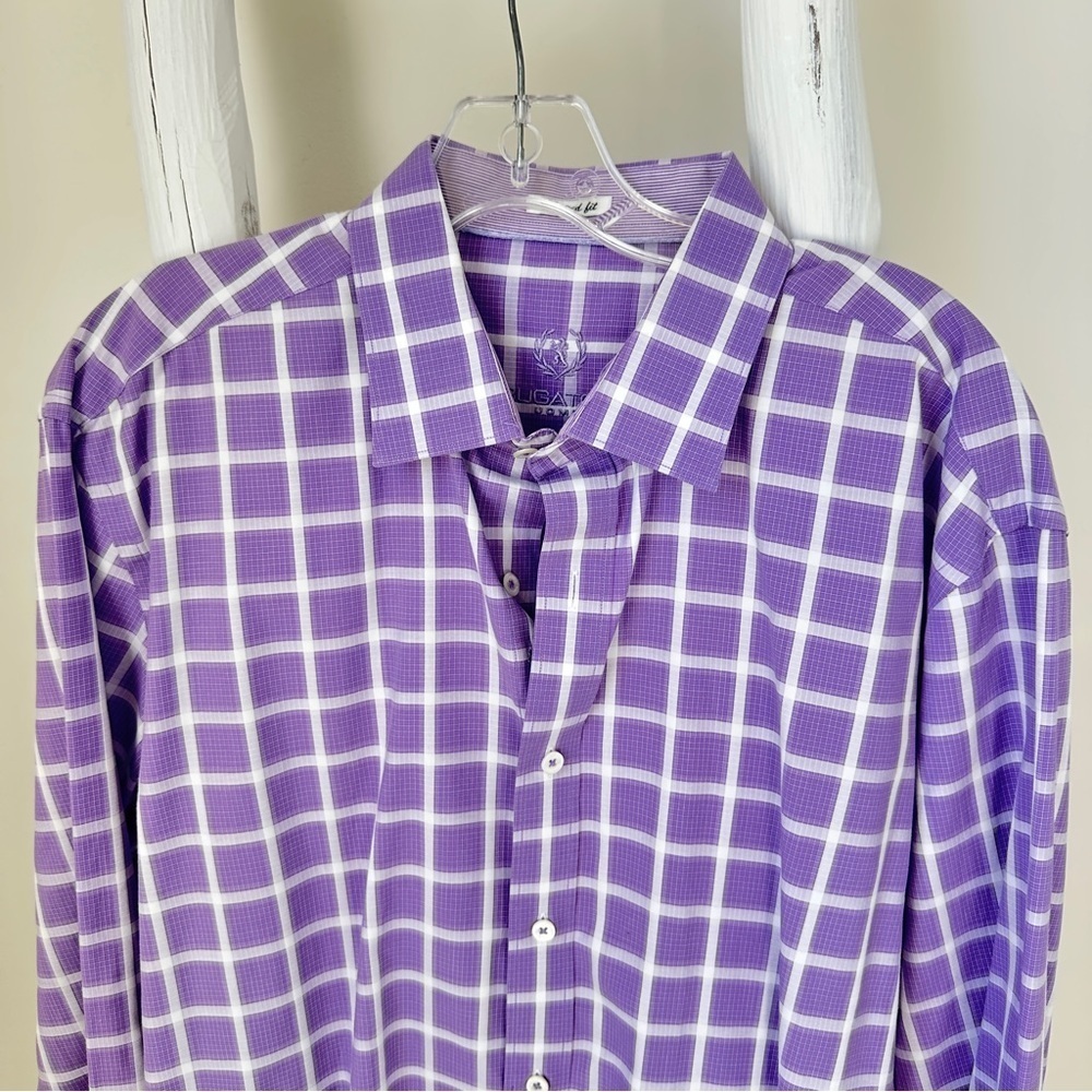 Bugatchi Men’s Purple Grid Pattern Long Sleeve Dress Shirt SZ XL